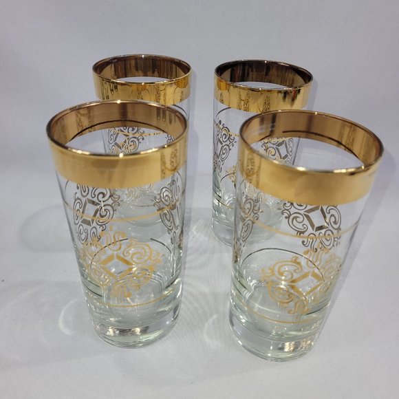 Vintage High Ball Glasses Set 4 Mid-Century Atomic Gold Scroll Glass Barware - Picture 1 of 1